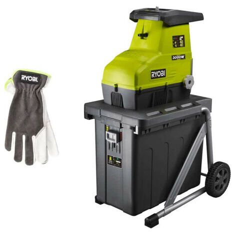 RYOBI - Pacchetto biotrituratore per legno RYOBI 3000W RSH3045U - Guanti da giardinaggio in pelle taglia M RAC810M (1/4)