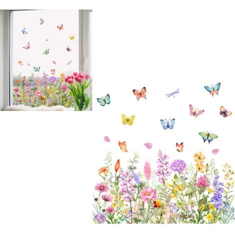 Film électrostatique pour vitres motif fleurs sauvages et papillons colorés dimensions 30 x 60 cm décoration de fenêtre sans adhésif 1 pièce (1/5)