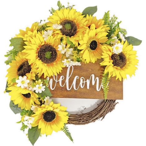 Corona de girasoles + "Bienvenido" – interior/exterior, primavera/boda, imitación de flores naturales (1/4)