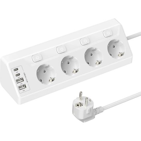 Multiprise d'angle ue, 4 prises ca, prise de Table avec 2 USB A 2 Type C, prise murale Multiple avec interrupteur pour cuisine et maison, rallonge de 2M, Blanc (1/5)