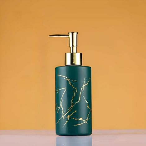 320ML Gold Marble Glass Soap Dispenser - Elegant Design for Bathroom or Kitchen - Rustproof and Refillable Pump - Ideal for Liquid Soap, Lotion or Shower Gel (Green)