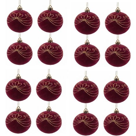 Set 16 Palline Natale Velluto bordeaux sfere da 6 cm con Ricami Dorati per Albero di natale ghirlande decorazioni casa e lavoro addobbi sfere bordo' particolari ed eleganti (1/5)