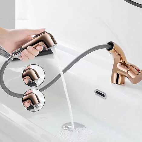 Robinet de lavabo de salle de bain en or rose avec douchette extractible (1/5)