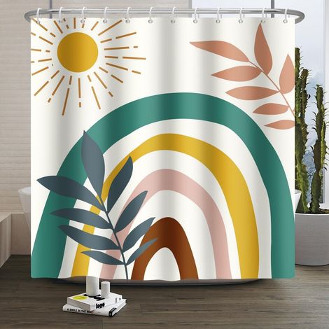 150x200cm Rideau de Douche Boho Aquarelle Rayures géométriques Feuilles de Soleil Rideau de Salle de Bain en Polyester Art Moderne Minimaliste Ferme Décoration résistante à la moisissure (1/5)