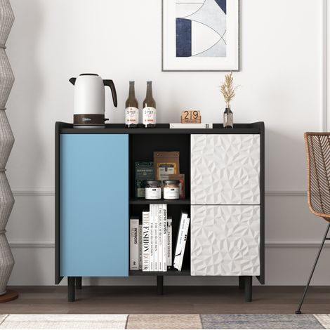 Sideboard en MDF noir et bleu 90x40x80 cm, 2 tiroirs, 2 niches ouvertes et 1 placard de rangement (1/5)