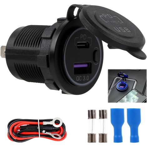 Chargeur USB 30W PD et 18W QC3.0, Prise USB Moto Etanche 12V, Prise Type C 12-24V pour Voiture, Bateau, IP66 Étanche, Adaptateur avec Interrupteur LED (1/5)