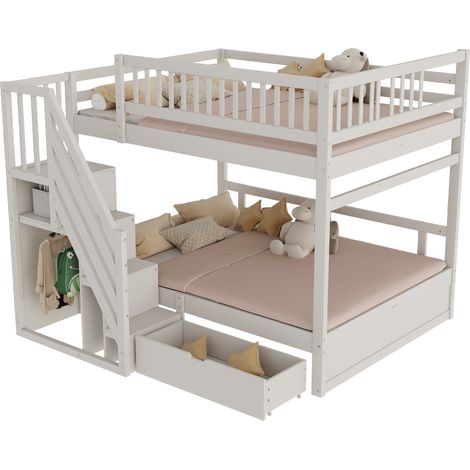 Etagenbett 4 Plätze mit Stauraumtreppe, Schublade und Hohen Absturzsicherungen, 140×200 cm, ohne Matratze (1/5)