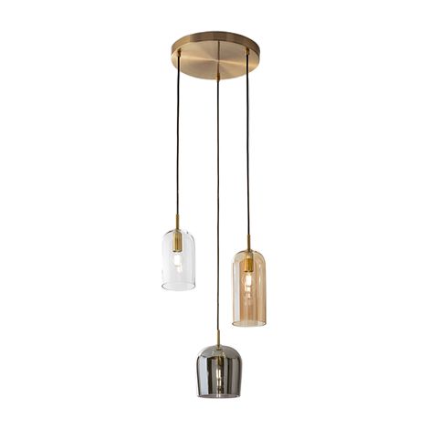 Suspension 3 Lumières, Structure Or Brossé, Verre Multicolore Ambre Transparent Fumé Et Câbles En Tissu Noir, 3Xe14 40W - Perenz Éclairage Design (1/3)