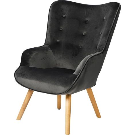 Poltrona da salotto in velluto grigio scuro con piedi in legno collezione ENJOY. Stile scandinavo.