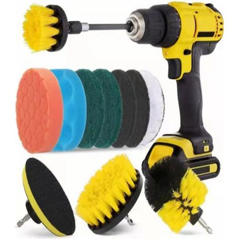 Ensemble de 12 accessoires de brossage pour perceuse : brosses de nettoyage électriques, éponges et tampons à récurer pour salle de bain, cuisine et voiture. (1/5)