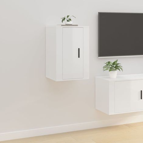 Meuble TV de Salon  Armoire Télévision  Banc TV mural Blanc brillant 40x34,5x60 cm -FR95257 (1/5)