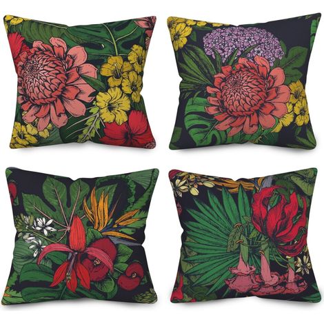 Pbobriich Kissenbezug-Set mit Blumenmuster für den Außenbereich (4-teilig), Leinenkissenbezüge im Landhausstil, Heimdeko, 45 x 45 cm