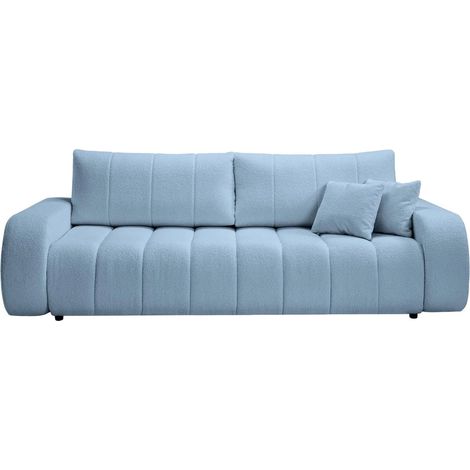 CELESTE - Canapé droit convertible tissu bouclette 3 places - Bleu
