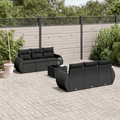 vidaXL 7-tlg. Garten-Sofagarnitur mit Kissen Schwarz Poly Rattan (1/3)