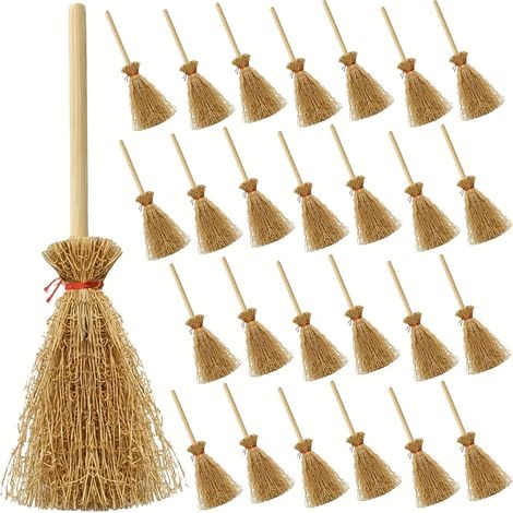 Lot de 12 mini balais en gazon artificiel avec ficelle rouge et manche en bois, parfaits pour Halloween, Noël et les mariages. (1/5)