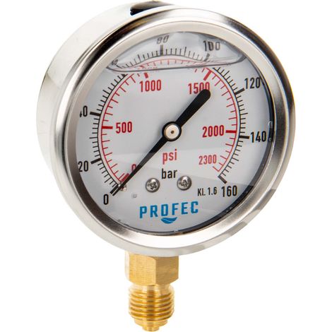 Profec Manometer 0 - 160 bar, Glyzeringefüllt, Ø 63 mm, 1/4 Zoll Anschluss nach unten Radial, Überdruck-Manometer