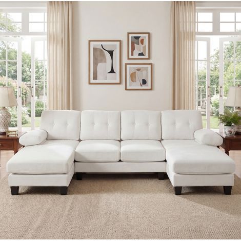 Divano angolare a U 268x128x84 cm beige in ciniglia con chaise longue doppia e tasche laterali (1/5)