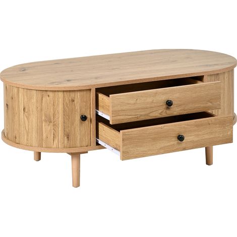 Table basse ovale à lattes verticales, portes coulissantes, 2 tiroirs, MDF (1/5)