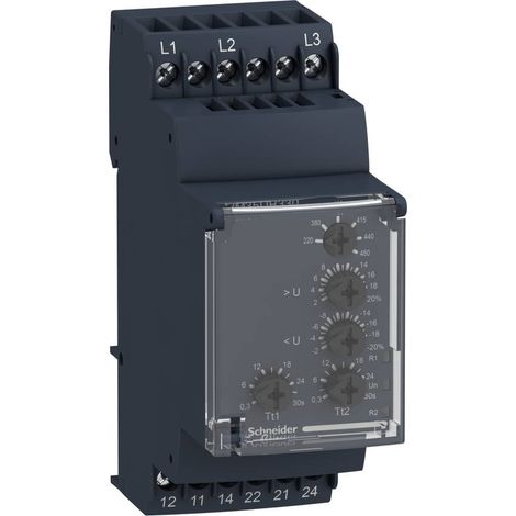 Relè trifase Schneider da 10 A, 400 V con protezione da sovratensione e sottotensione.