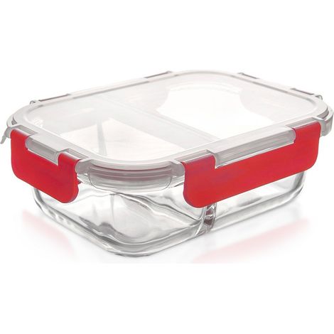 Recipiente de vidrio para alimentos con tapa y cierre hermético, dividido, 950 ml.