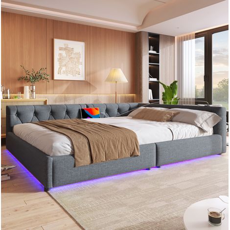 Tagesbett 140/200 cm grau aus Leinen mit LED-Beleuchtung und USB-C (1/5)