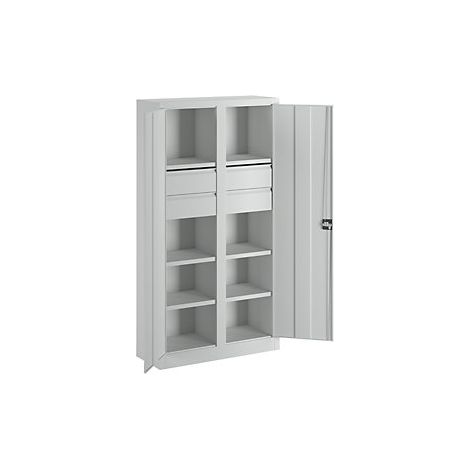 Schwerlastschrank, Vollblechtüren, mit Trennwand, 6 beschichtete Böden, 4 Schubl. 175 mm, BxTxH 1040x630x1950 mm, RAL 7035 (1/3)