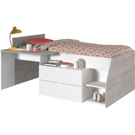 Calicosy – Lit combiné enfant contemporain PARISOT KIM – gris loft et blanc – l 90 x L 190/200 cm – Bureau et rangement intégrés (1/10)