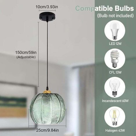 Suspension--1 Pack suspension luminaire cuisine E26 Socket Luminaire Verre vert Hauteur Réglable Conception pour Chambre Salon Cuisine (1/5)