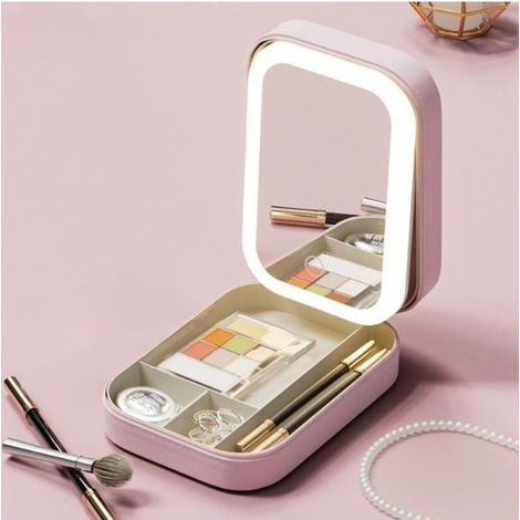 1 miroir de maquillage multifonctionnel rose avec lumière LED et trousse de maquillage (1/4)