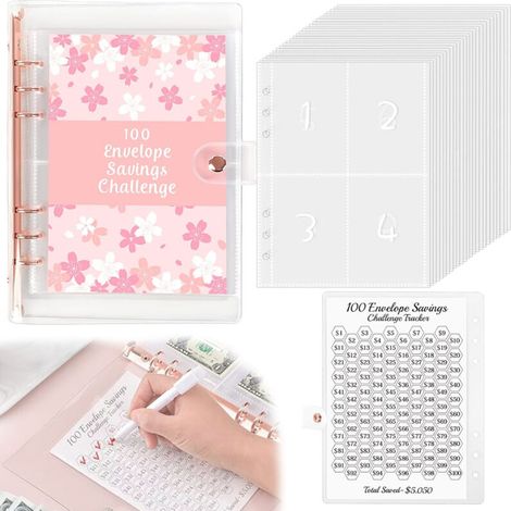 Raccoglitore di risparmi con 100 buste – Kit completo con foglio di monitoraggio plastificato, formato A4, bianco e nero, obiettivo €5050