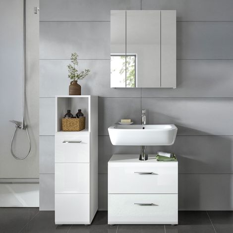 Armoire de toilette + 2 meubles salle de bain blanc brillant - ICEDY
