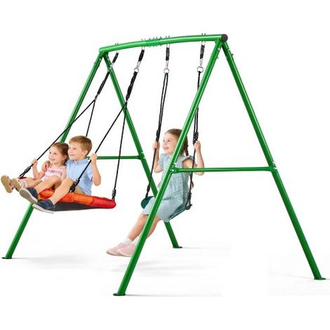 Gartenschaukel mit A-förmigem Metallgestell, Doppelschaukel (1 Tellerschaukel & 1 Gurtschaukel), bis zu 199,6 kg Tragkraft, Schaukelset Outdoor, Verstärkt mit Spiralförmigen Bodenankern (1/5)