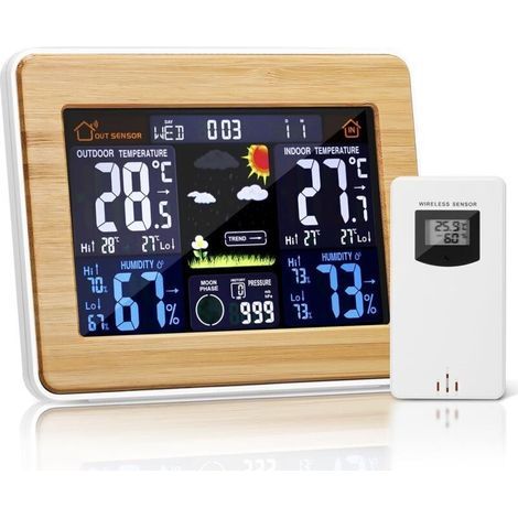 Station météo numérique sans Fil avec capteur extérieur – avec Heure, Date, température, humidité, baromètre, Alarme, Affichage des Phases de Lune, thermomètre Multifonction