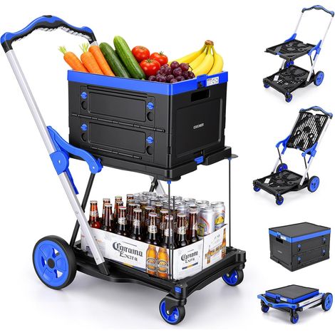 Chariot de Courses Pliable à 2 Étages - 90kg Caddie de courses Pliage express en 3s, poignée réglable et panier inclus. Idéal pour supermarché, bureau et camping (1/5)