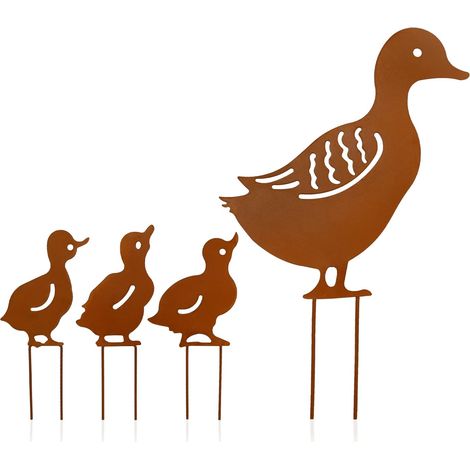 Statuette Canard Métallique - Décoration Extérieure Jardin - Silhouette en Fer Peint Noir - Lot de 4 Canards avec Piquets (1/5)