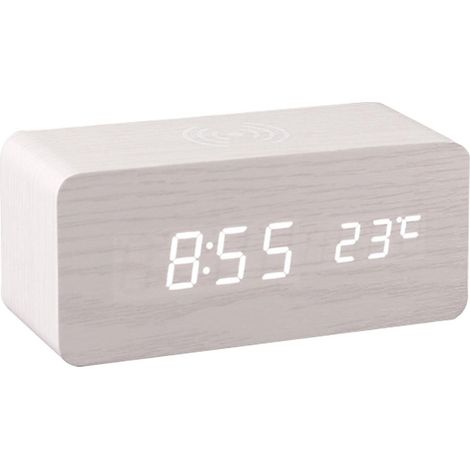 Réveil numérique en bois avec affichage LED pour chambre, charge sans fil 10W, 3 alarmes - Blanc (1/5)