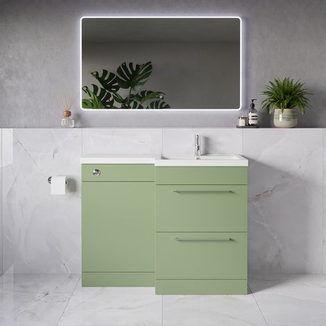 Napoli 390 Olive Green 1100mm 2 Drawer Vanity Unit Toilet Suite with Square Right Hand Lucia Basin - 1100mm - Chrome 320mm HandleWithout Kingston Toilet Pan