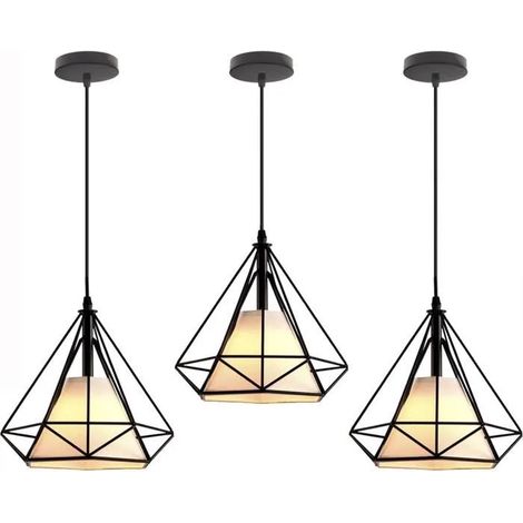 U-Do Lustre en Métal Noir,LOT DE 3 Suspension Luminaire Ajustable Vintage Lampe forme Diamant Lustre Intérieur Industriel (1/4)