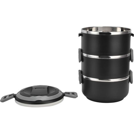 Stapelbare Lunchbox, dreilagig, auslaufsicher, tragbar, warmhaltend, Bento-Box für Schule, Camping, Picknick, Schwarz, dreilagig (1/5)