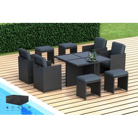 Hobag – Salon de jardin encastrable 8 places – Résine tressée noire – Coussins déhoussables imperméables – Table carrée 115x115cm (1/5)