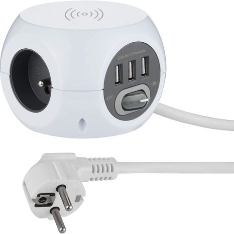 Electraline 35444 - Mini Cube con caricatore rapido senza fili, Fast Wirelss Charger Qi, 3 porte USB 2.4A, blocco 3 prese con interruttore, prolunga multipla 1,5 m, colore: Bianco (1/5)