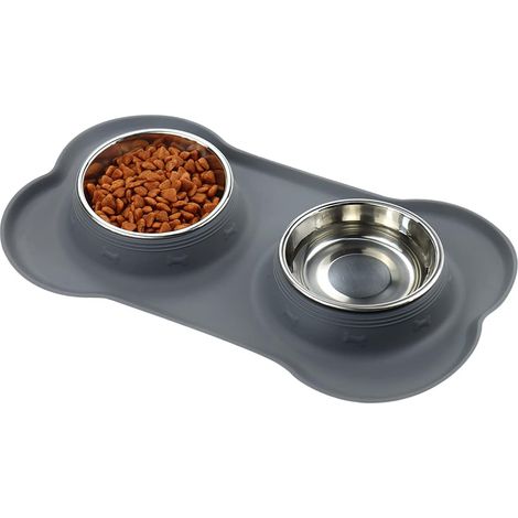 Gamelles pour chiens et chats - 2 gamelles de 200 ml en acier inoxydable avec tapis en silicone antidérapant, station d'alimentation et gamelle d'eau, adaptées aux petits chiens ou chats. (1/4)