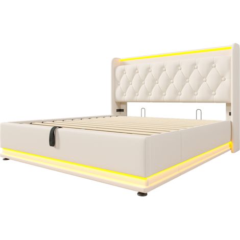 Cama doble 160 x 200 cm de PU blanco con LED 360°, arcón hidráulico y USB Tipo-C (1/5)
