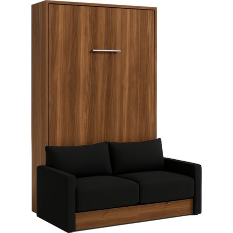 Lit escamotable vertical à tiroirs et canapé tissu VALENCIA Noir Sans matelas-80x180-Canapé Noir-Structure Noyer (1/5)