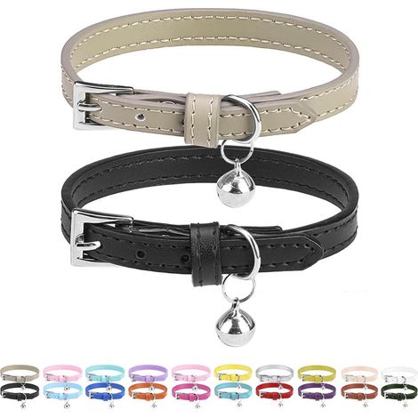 TuseRxln Collier pour Chat – Collier réglable en Cuir PU pour Chats et Chatons – Lot de 2 – Pour Un Usage Quotidien et des Occasions spéciales – Noir et Kaki (1/5)
