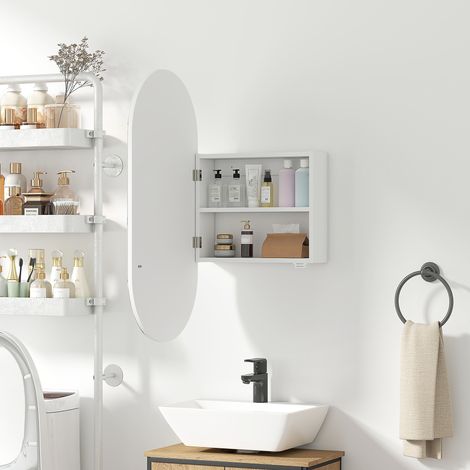 Miroir ovale blanc moderne salle de bain 45x90 cm avec rangement mural et deux étagères (1/5)