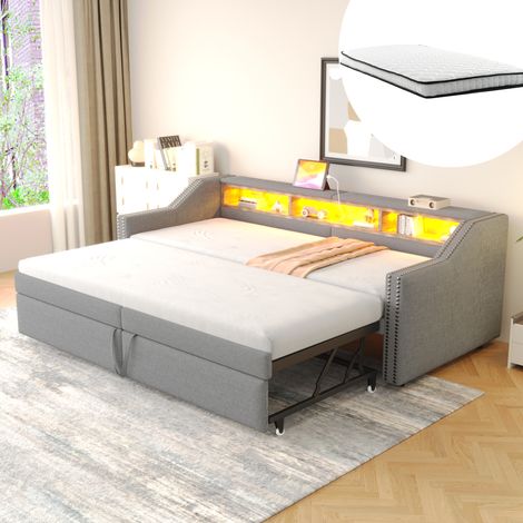 Canapé-lit extensible 90/180 x 200 cm avec LED, USB et rangements, gris clair HAVRYA (1/5)