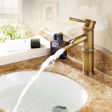 Robinet tout cuivre robinet de bassin en bambou antique robinet européen monotrou robinet eau chaude et froide au-dessus du robinet de bassin art bassin(court) (1/4)