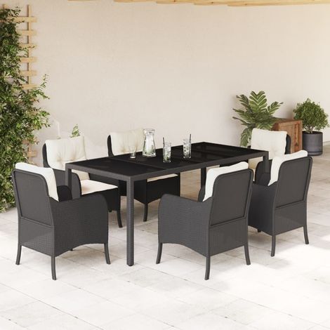Ensemble repas de jardin 7 pièces, 6 chaises en résine tressée noire avec coussins, 75.3kg - PANGIVO (1/5)