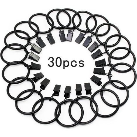 30 Stück Gardinenringe mit Metallclip, robust, rostfrei, für Gardinenstangen, 32 mm Innendurchmesser (Schwarz) (1/4)